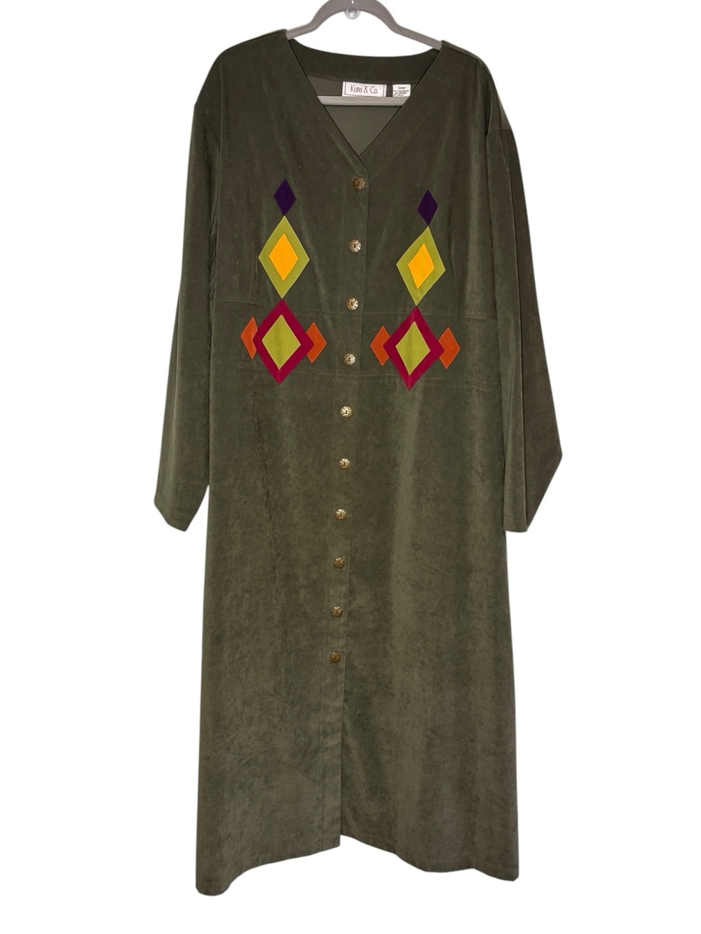 Vintage Kate & Co Dress Sz 34W 5X Olive Green Moleskin Faux Suede Geometric Maxi